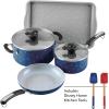 imageFarberware Disney Bon Voyage Ceramic Nonstick Pots and Pans Set with Baking SheetCookie Pan and Disney Home Kitchen Tools 8 Piece Non Stick Cookware Set  RedBlue