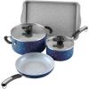 imageFarberware Disney Bon Voyage Ceramic Nonstick Pots and Pans Set with Baking SheetCookie Pan and Disney Home Kitchen Tools 8 Piece Non Stick Cookware Set  RedBlue