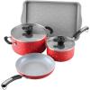 imageFarberware Disney Bon Voyage Ceramic Nonstick Pots and Pans Set with Baking SheetCookie Pan and Disney Home Kitchen Tools 8 Piece Non Stick Cookware Set  RedRed