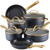 imageFarberware Forged Induction Ceramic Nonstick Pots and Pans Set with Lids and Kitchen Cooking Tools  Dishwasher Safe Suitable for All Stovetops 12 Piece Cookware Set  Black and GoldBlack