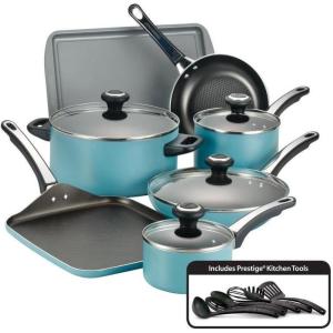 imageFarberware 80183 Glide Pro Hard Anodized Ceramic Nonstick Cookware Pots and Pans Set 11 Piece GrayAqua