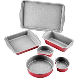 imageFarberware Disney Bake with Mickey Mouse Nonstick Bakeware Cake Pans Baking Sheet and LoafMeatloaf Pan 6 Piece Non Stick Bakeware Set  RedBakeware Set II