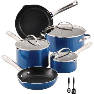 imageFarberware Style Nonstick Cookware Pots and Pans Set with Cooking Utensils Dishwasher Safe 10 Piece  BlueBlue