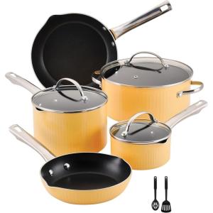 imageFarberware Style Nonstick Cookware Pots and Pans Set with Cooking Utensils Dishwasher Safe 10 Piece  BlueYellow