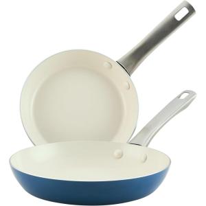 imageFarberware Vibrance Ceramic Nonstick Frying PansSkillet Set with Stainless Steel Handle Dishwasher Safe 8 Inch and 10 Inch Open Skillets  SilverBlue