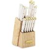 imageFarberware 14Piece Knife Block Set White and Gold  RazorSharp HighCarbon Stainless Steel TripleRiveted Ergonomic Handles Stylish Wood BlockWhite and Gold