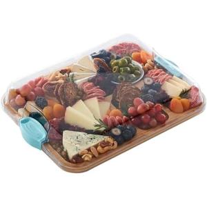 imageFARBERWARE BuildABoard Acacia Cutting Board with Builtin Storage Compartments Clear Locking Lid ampamp White Handles Great for Charcuterie ampamp SnacksBlue