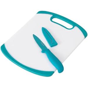 imageFarberware 2Piece Paring Knife and Cutting Board Set 35Inch Paring Knife with Resin Coating and CustomFit Blade Cover and NonSlip Plastic Chopping Board DishwasherSafe Set WhiteBlueWhiteBlue