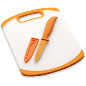 imageFarberware 2Piece Paring Knife and Cutting Board Set 35Inch Paring Knife with Resin Coating and CustomFit Blade Cover and NonSlip Plastic Chopping Board DishwasherSafe Set WhiteBlueWhiteOrange