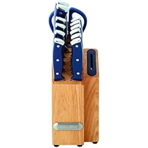 imageFarberware Edgekeeper Triple Riveted Slim Acacia Knife Block Set with Built in Sharpener 14Piece WhiteNavy