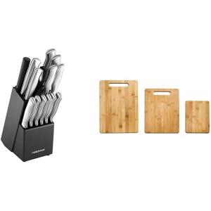 imageFarberware Stamped 15Piece HighCarbon Stainless Steel Knife Block Set Steak Knives ampamp 3Piece Bamboo Cutting Board Set of 3 Assorted Sizes Brown