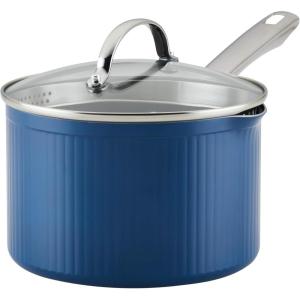 imageFarberware Style Nonstick Cookware Straining Saucepan with Lid Dishwasher Safe 3 Quart  YellowBlue
