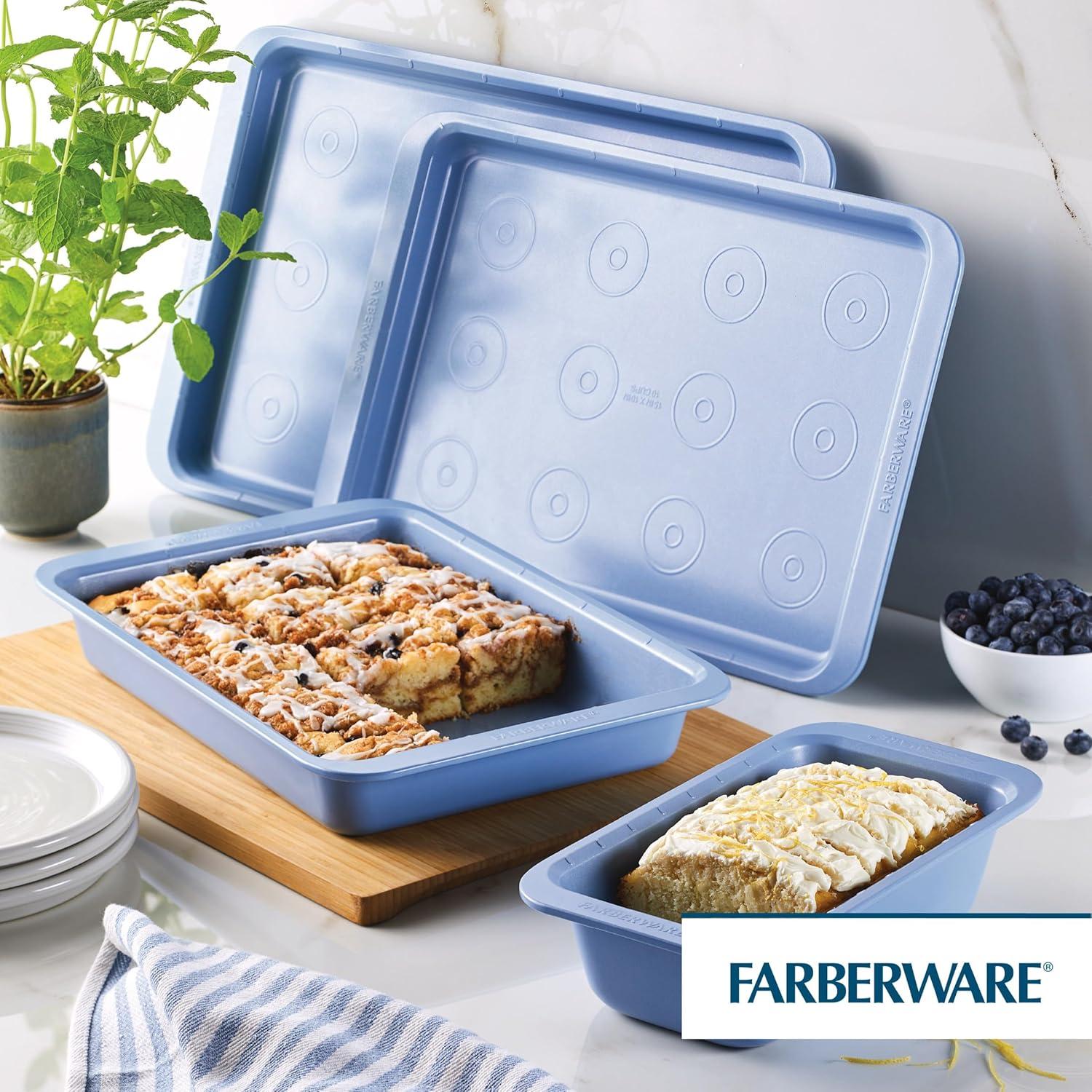 imageFarberware Easy Solutions Nonstick Bakeware Includes 10 Inch x 15 Inch Cookie Baking Sheet and 12Cup Muffin Pan 2 Piece  BlueBakeware Set 4 Piece