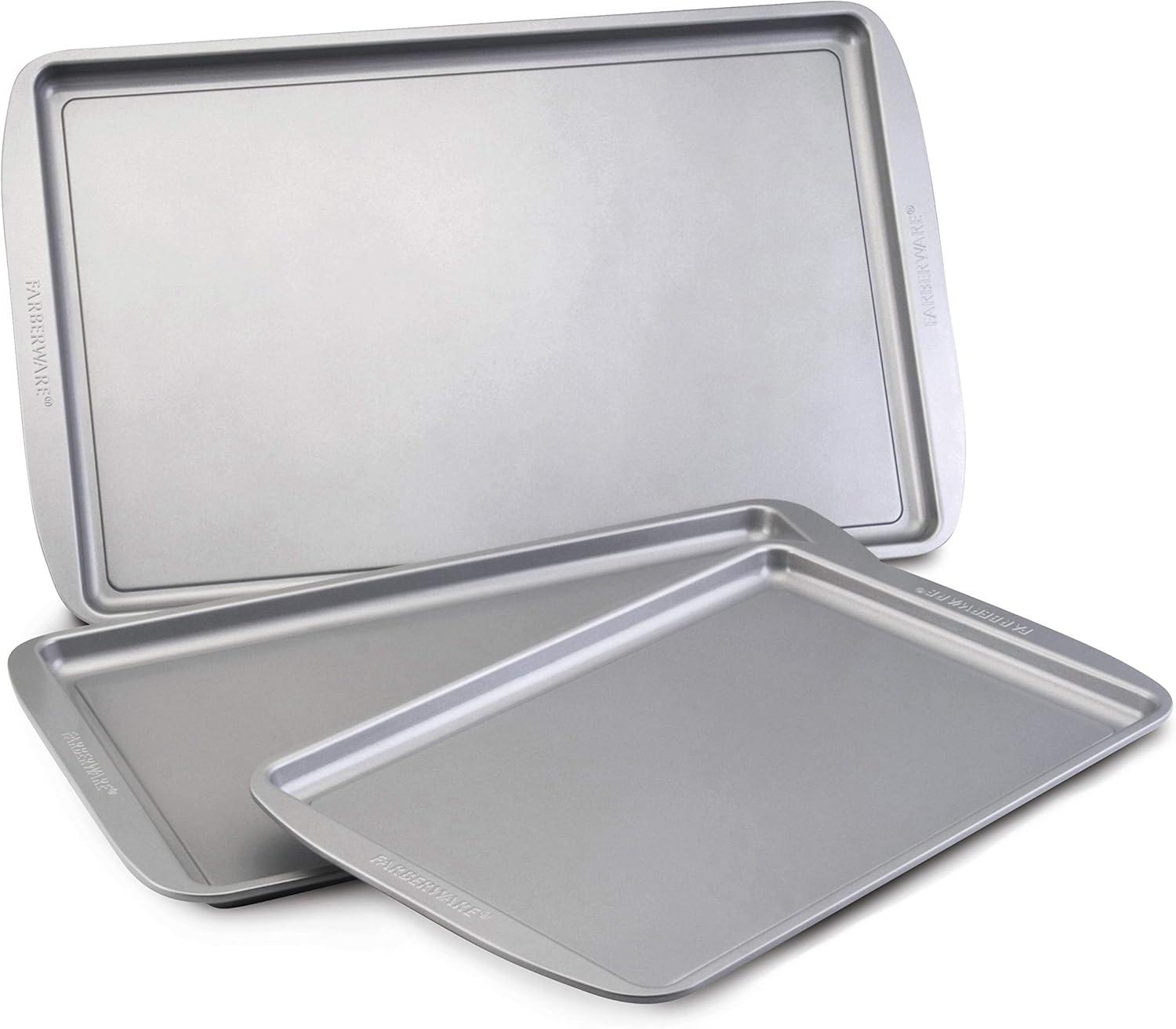 imageFarberware Nonstick Bakeware Nonstick Cookie Sheet  Baking Sheet  10 Inch x 15 Inch Gray3Piece Set