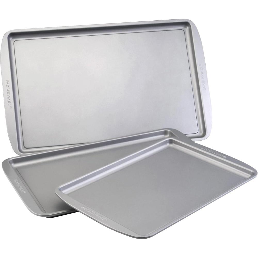 imageFarberware Nonstick Bakeware Nonstick Cookie Sheet  Baking Sheet  10 Inch x 15 Inch Gray3Piece Set