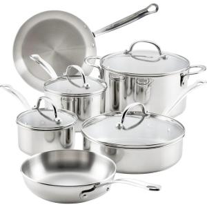 imageFarberware Millennium Stainless Steel Pots and Pans with Lids Induction Ready Compatible with All Cooktops Metal Utensil Safe 10 Piece Cookware Set Dishwasher Safe  Stainless Steel