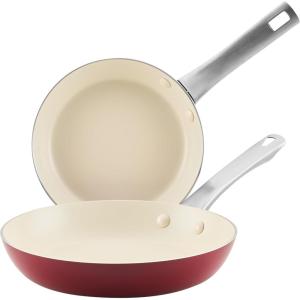 imageFarberware Vibrance Ceramic Nonstick Frying PansSkillet Set with Stainless Steel Handle Dishwasher Safe 8 Inch and 10 Inch Open Skillets  RedRed
