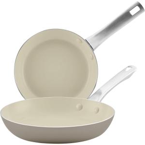 imageFarberware Vibrance Ceramic Nonstick Frying PansSkillet Set with Stainless Steel Handle Dishwasher Safe 8 Inch and 10 Inch Open Skillets  RedSilver